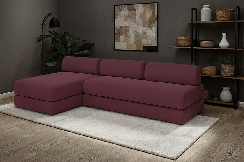 Canapé d'angle 6 places - 2 modules convertibles : Canapé 3 places + Méridienne - Tissu lisse Rouge