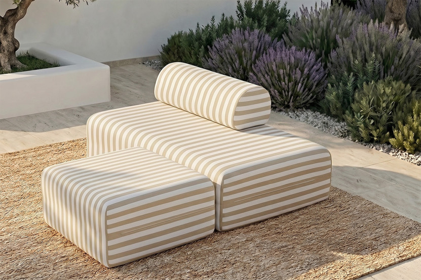 Pouf modulable - Tissu extérieur à rayures, blanc et beige