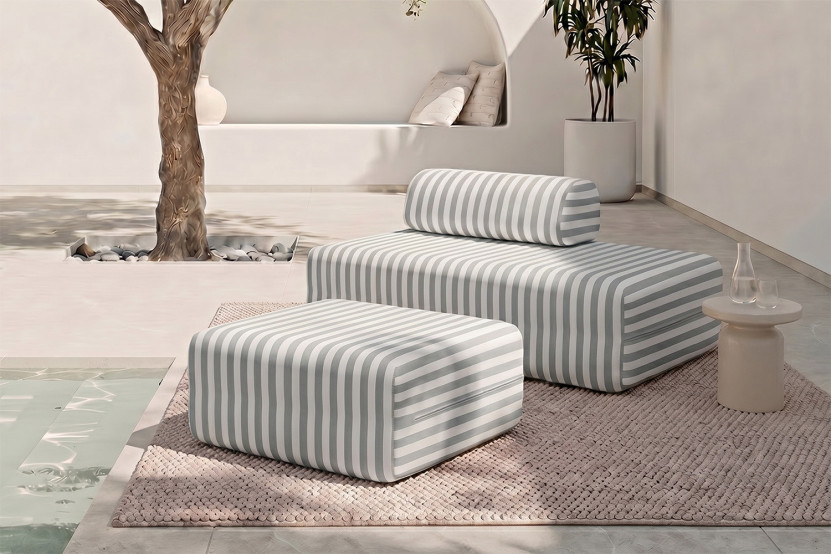 Pouf modulable - Tissu extérieur à rayures, blanc et gris