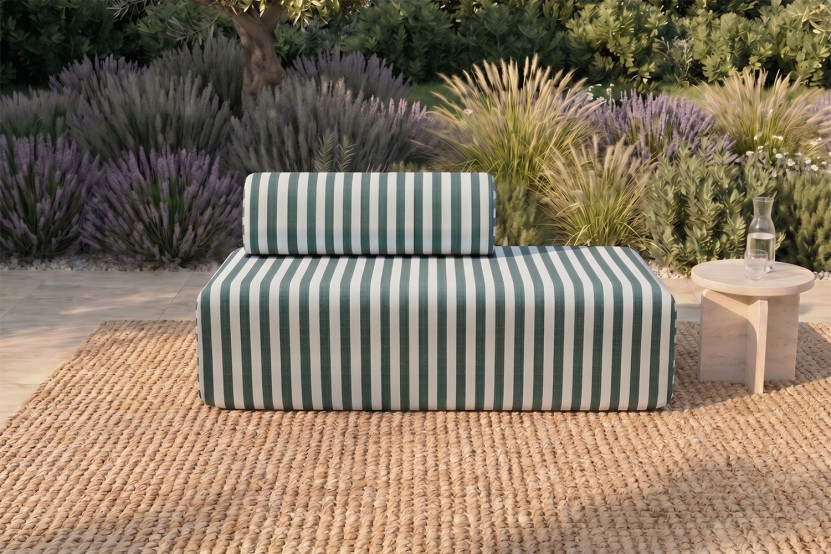Canapé 2 places modulable - Tissu extérieur à rayures, blanc et vert foncé