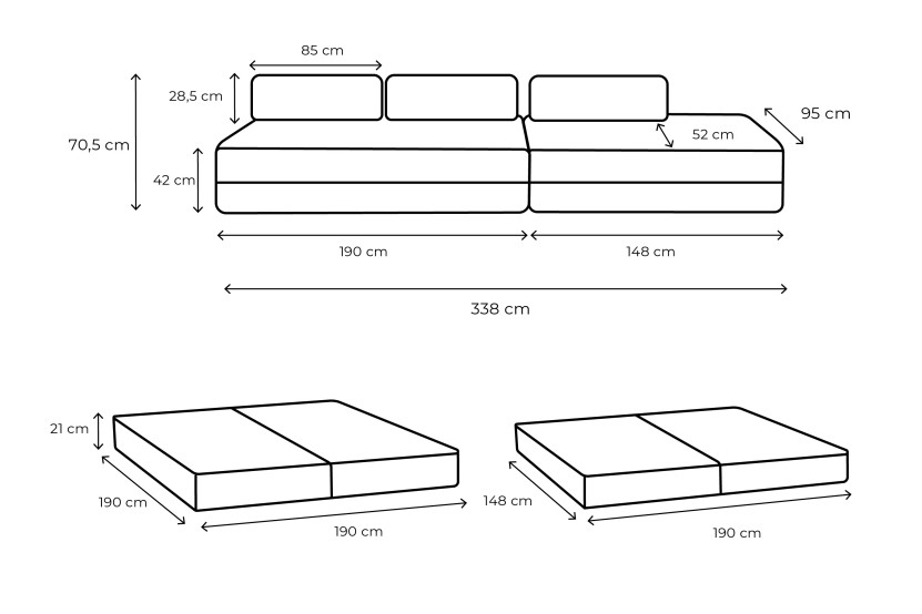 Canapé 5 places - 2 modules convertibles : Canapé 3 places + Canapé 2 places - Tissu lisse Rouge