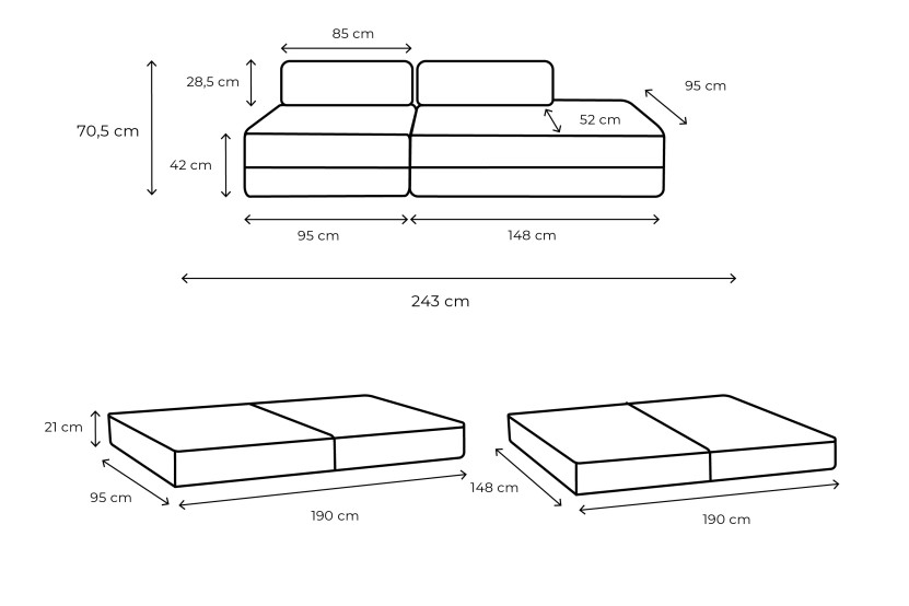 Canapé 3 places - 2 modules convertibles : Canapé 2 places + Fauteuil - Velours côtelé Gris